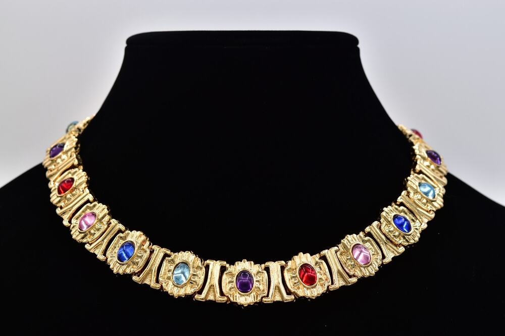 Vintage NOS Multicolor Cabochon Collar Link Statement Necklace Gold 1980s BinBL